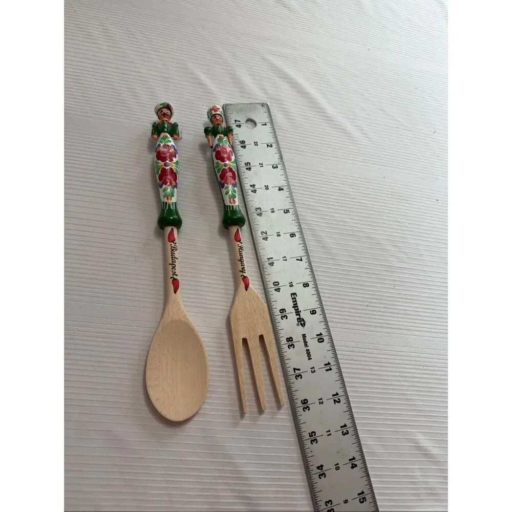 Vintage Hungarian Lady and Man Wood Salad Serving Fork and Spoon